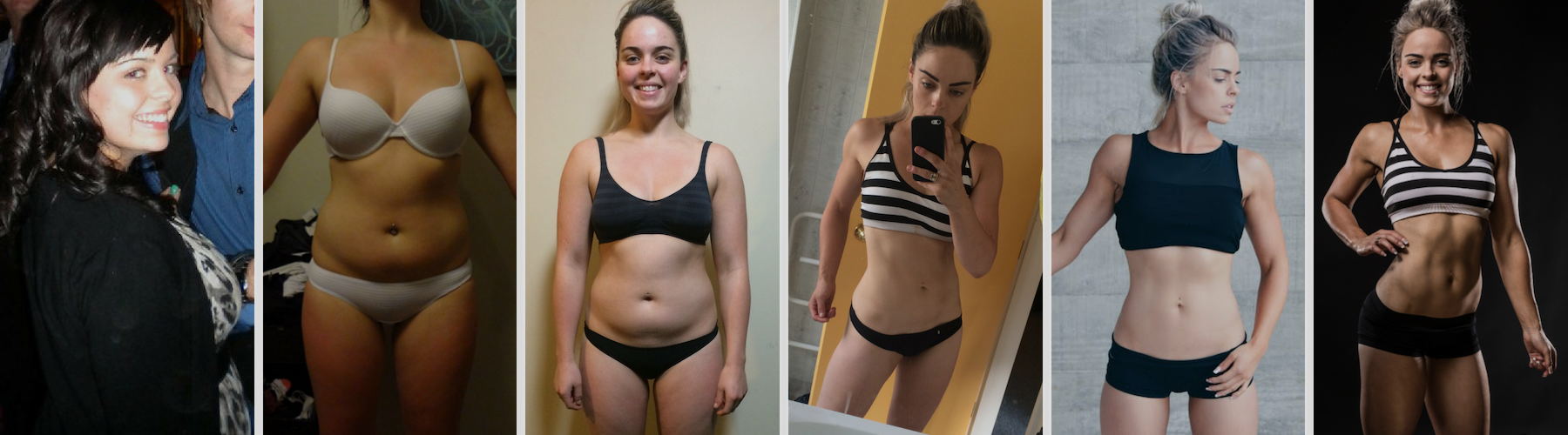 Steph's own transformation, six stages, from heaviest to strongest