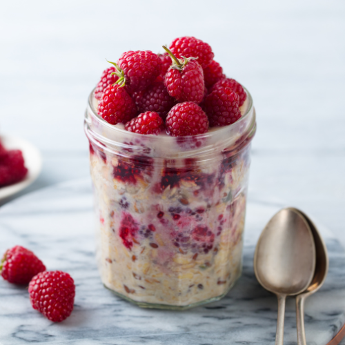 Overnight oats parfait with raspberry chia jam